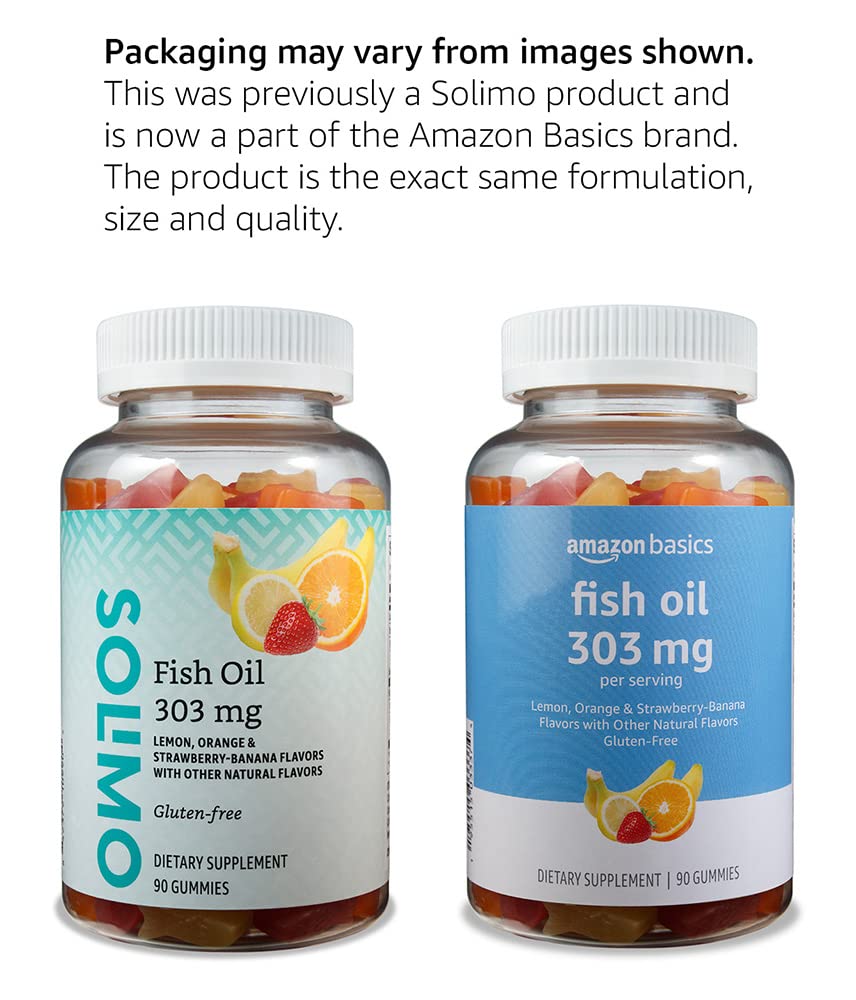 Amazon Basics Fish Oil 303 mg, Lemon, Orange & Strawberry-Banana Flavors, 90 Gummies (2 per Serving), EPA and DHA Omega-3 Fatty acids (Previously Solimo) (Pack of 2)