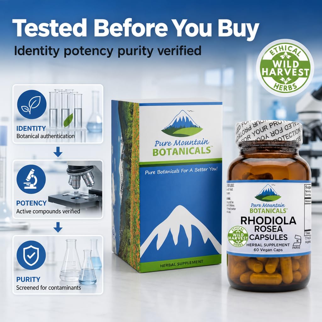 Pure Mountain Botanicals Rhodiola Rosea Supplement - 60 Capsules 250mg - Root Extract Standardized 3% Rosavins 1% Salidroside - Vegan Kosher Gluten Free