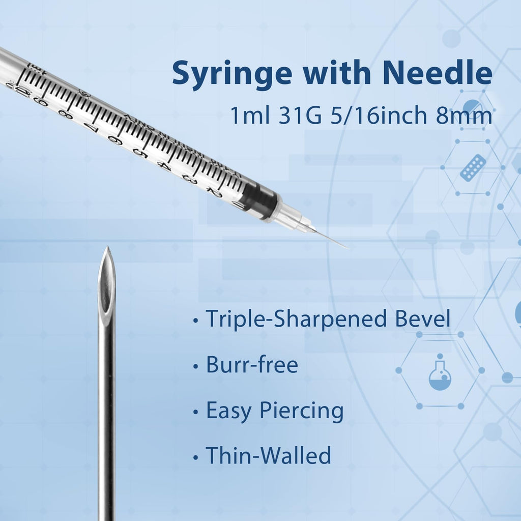 100 Pack Syringes with Needle, 1ml 31G 5/16 Inch 8mm Disposable Syringe, U-100 Lab Tools, Individual Wrapped