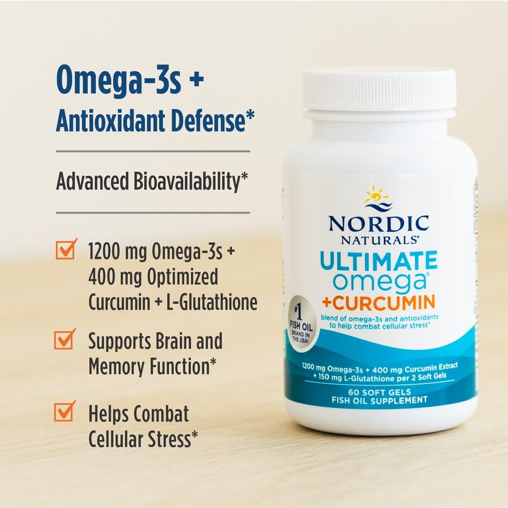 Nordic Naturals Omega Curcumin, Lemon - 60 Soft Gels - 1200 mg Omega-3 + 400 mg Optimized Curcumin - Combats Cellular Stress - Non-GMO - 30 Servings