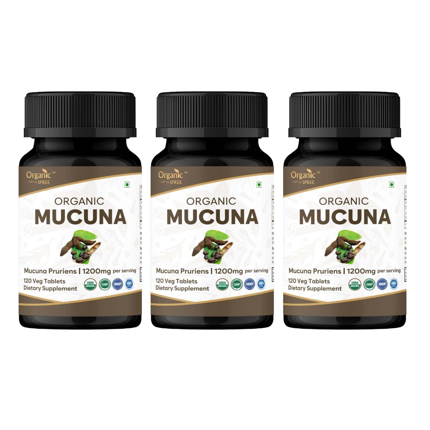 ORGANIC SPREE Mucuna Tablets - USDA Organic Mucuna Supplement, Supports Energy, Stamina & Overall Wellness*, 120 Tablets - Pack of 3