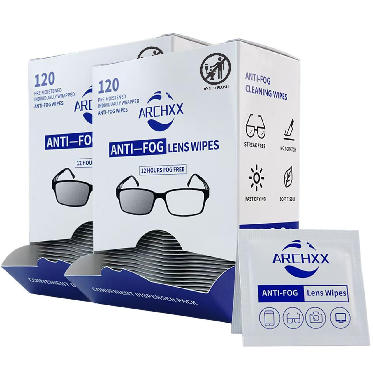 ARCHXX Anti Fog Wipes for Glasses, 240 Count,Pre-Moistened Cleaning Wipes, Lens Cleaner Wipe for Eyeglasses,Sunglasses,Goggles,Screen,Phone,Individually Wrapped Eye Glasses Cleaner