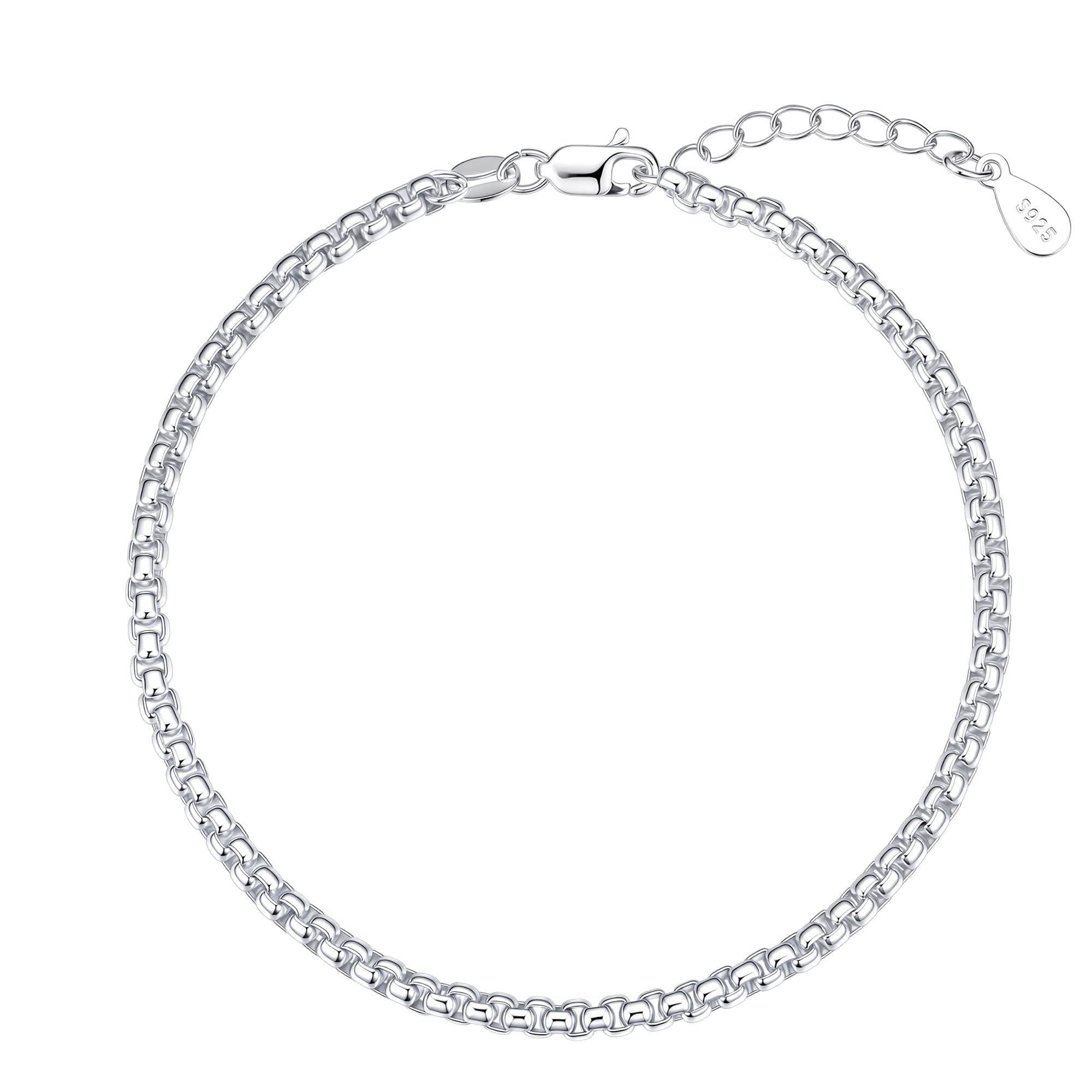 TOPCRED 925 Sterling Silver 3mm Box Chain Bracelet for Women 7 Inches