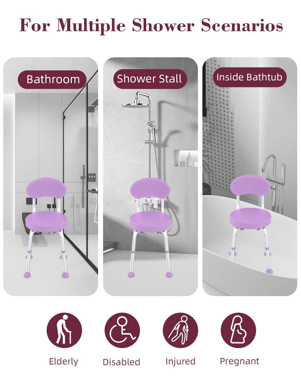 Fvzzin Swivel Shower Chair, 360° Non-Slip Shower Seat with Backrest for Elderly and Disabled, Height Adjustable Rotating Tub Transfer Bench for Seniors Bathroom Inside Shower(Purple)
