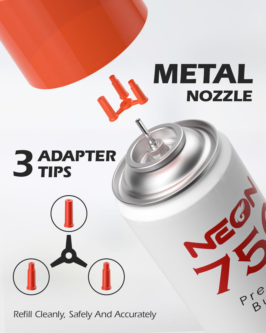 NEON Butane Fuel 750ml, 11X Ultra Refined 0 Impurities Butane Refill, Premium Universal Lighter Fluid with Metal Nozzle and 3 Butane Gas Refill Adapters for Refillable Lighters and Torches, 1 Can