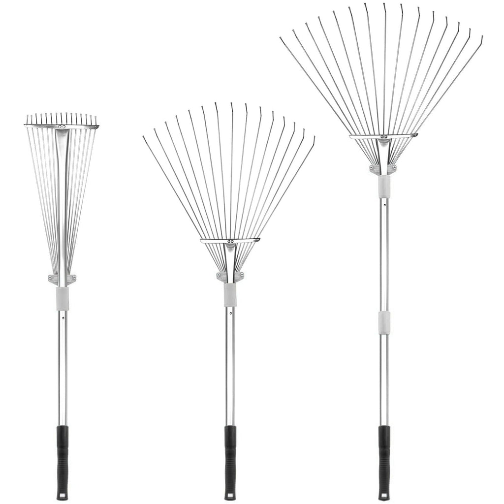 Buyplus Adjustable Garden Leaf Rake - 24 to 63 Inch Telescopic Metal Expandable Folding Leaves Rake, Metal Rakes for Leaves, Yard Rakes for Lawn Yard, Flowers Beds, Sliver