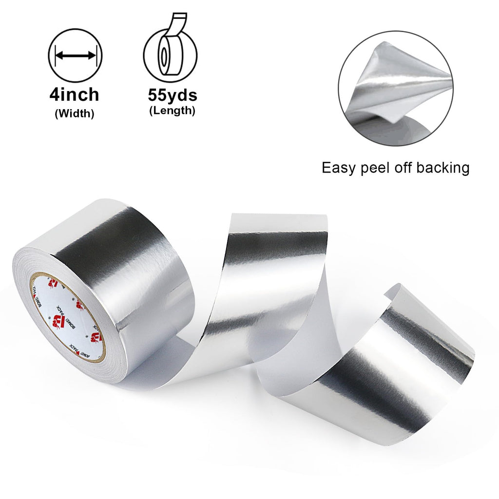 BOMEI PACK Aluminum Foil Tape,Heavy Duty Metal Duct Tape,High Temperature Silver Tape,Perfect for Sealing & Patching,HVAC,Air Ducts,Insulation and Metal Repair (4 Inch)