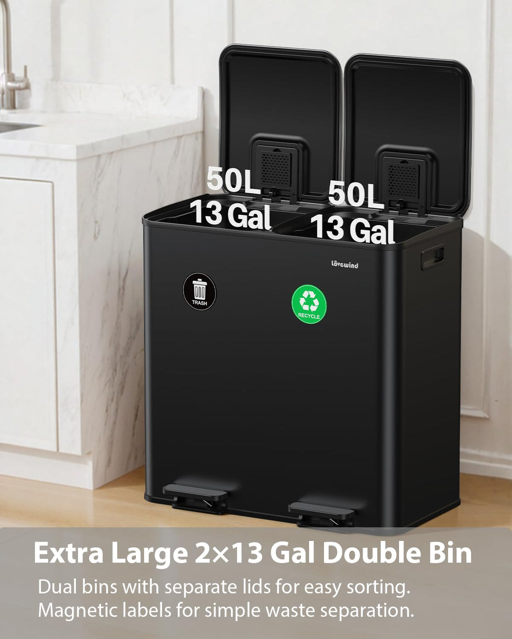 Dual Trash and Recycling Bins for Kitchen, 2×13 Gallon (2× 50L) Stainless Steel Trash and Recycle Bin Combo with Soft-Close Lid, Large Garbage Cans for Kitchen Home with 2 Magnets Sticker, Black