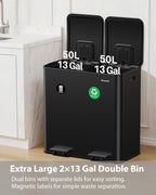 Dual Trash and Recycling Bins for Kitchen, 2×13 Gallon (2× 50L) Stainless Steel Trash and Recycle Bin Combo with Soft-Close Lid, Large Garbage Cans for Kitchen Home with 2 Magnets Sticker, Black