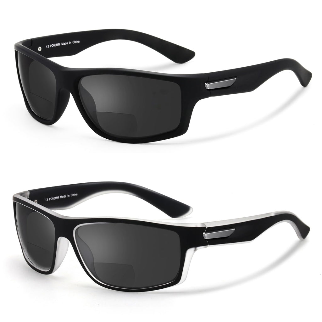 Missfive 2-Pack Mens Ultimate Bifocal Sunglasses with Readers Built In Sporty Upgraded Wrap Frame, UV400 Protection Driving & Reading Glasses for Outdoor +1.5