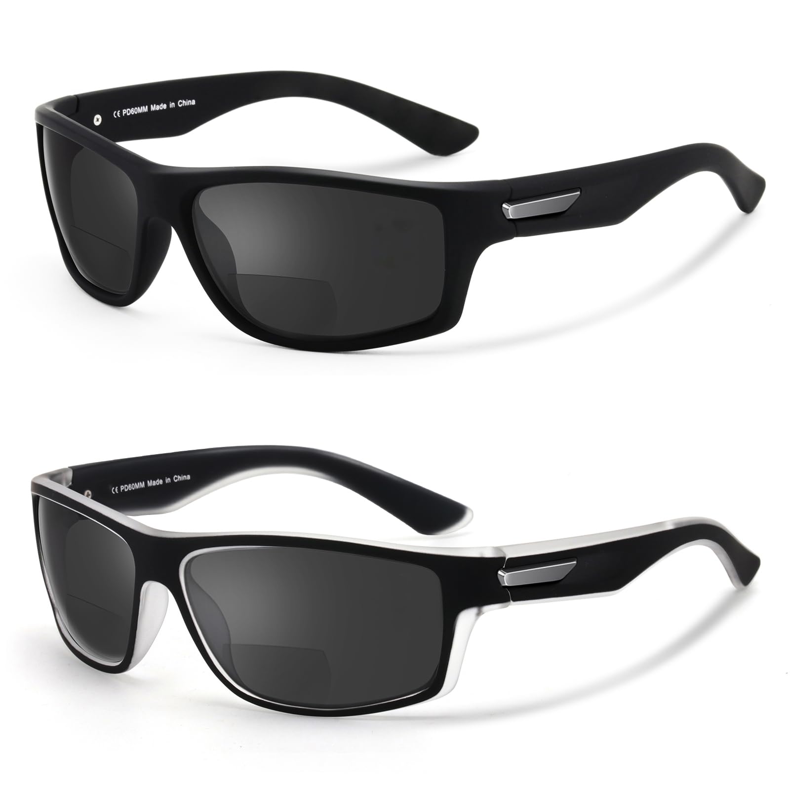 Missfive 2-Pack Mens Ultimate Bifocal Sunglasses with Readers Built In Sporty Upgraded Wrap Frame, UV400 Protection Driving & Reading Glasses for Outdoor +1.5