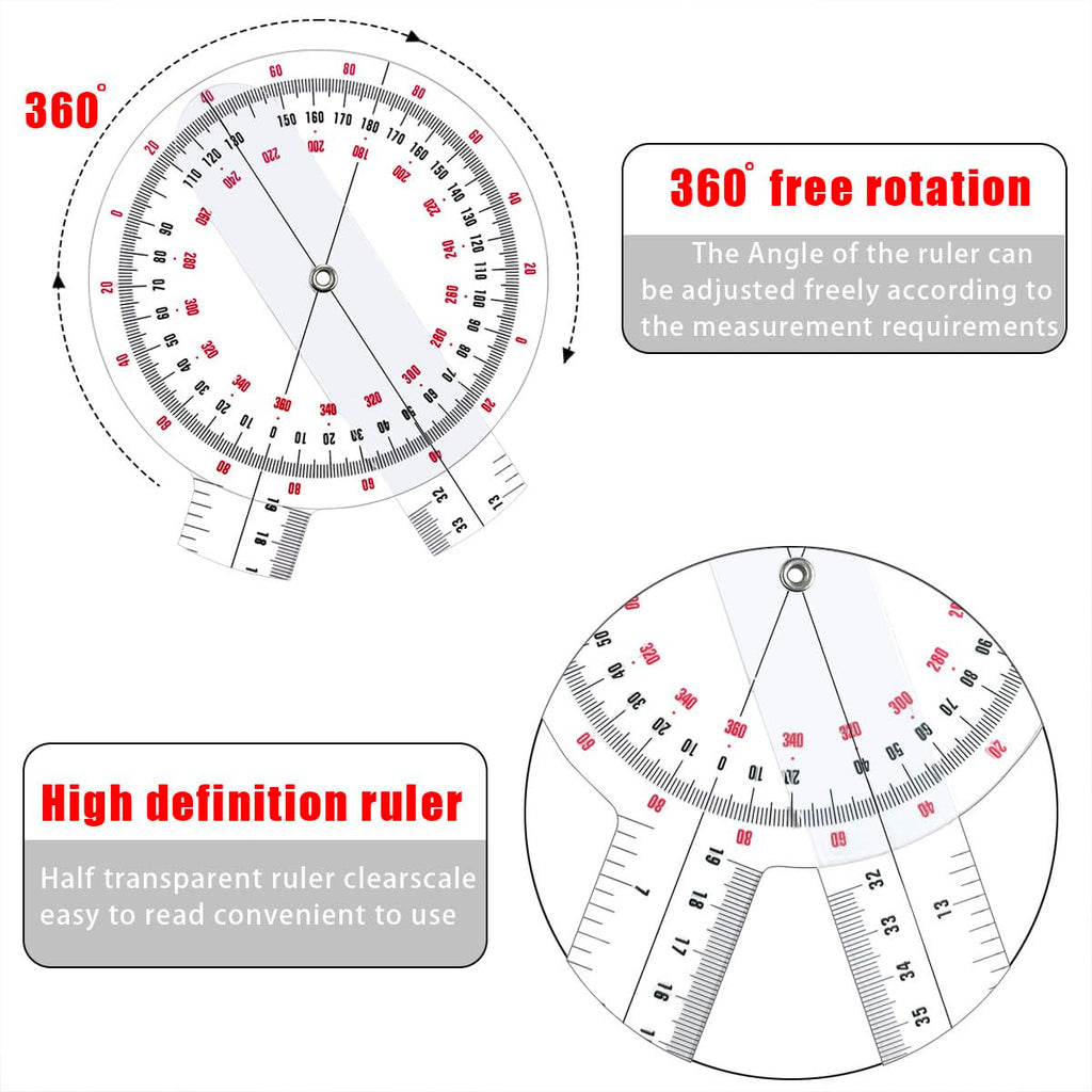 Goniometer 12 inch, Transparent Orthopedic Angle Ruler Plastic Goniometer, 360 Degree Clear Protractor Physical Therapy for Body Measuring Tape Goniometer Protractor Ruler