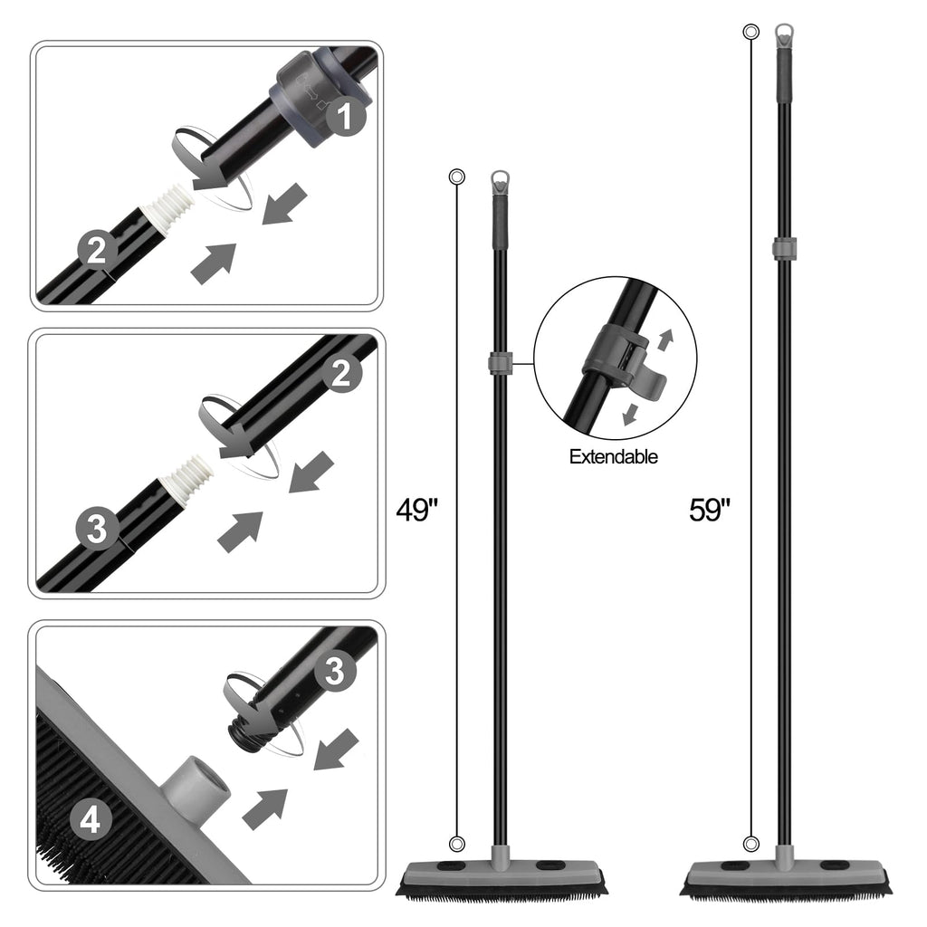 Pet Hair Removal Rubber Broom with Squeegee, Carpet Rake for Pet Hair with 59" Telescoping Long Handle, Fur Remover Rake for Carpet, Hardwood Floor, Tile