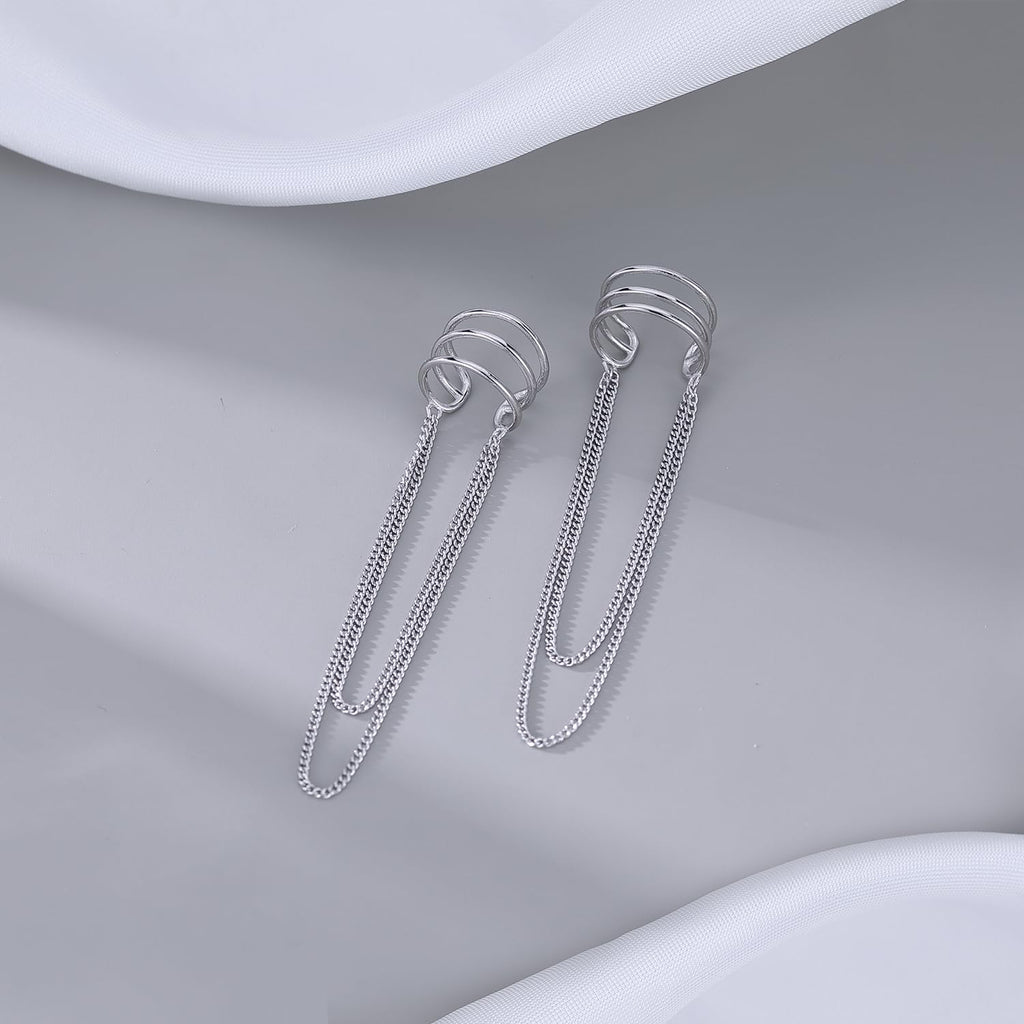 SLUYNZ 925 Sterling Silver No Piercing Cuff Earrings Chain for Women Wrap Earrings Tassel Clip On Ear (A-Silver)