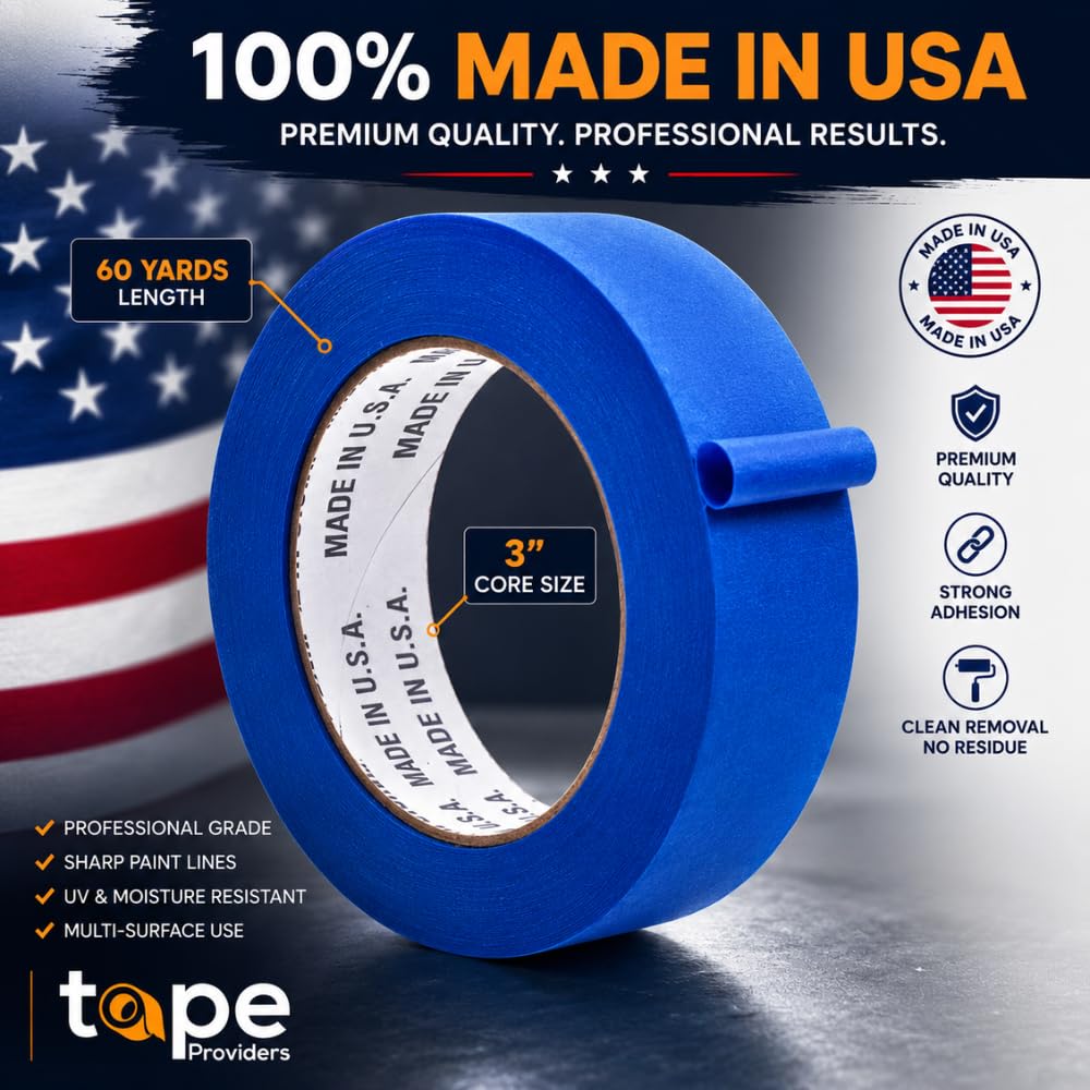 Made in USA Blue Painter’s Tape - 1 inch x 60 yds. (12 Pack) Thick & Wide Masking Tape for Safe Wall Painting, Building, Remodeling, Labeling, Edge Finishing