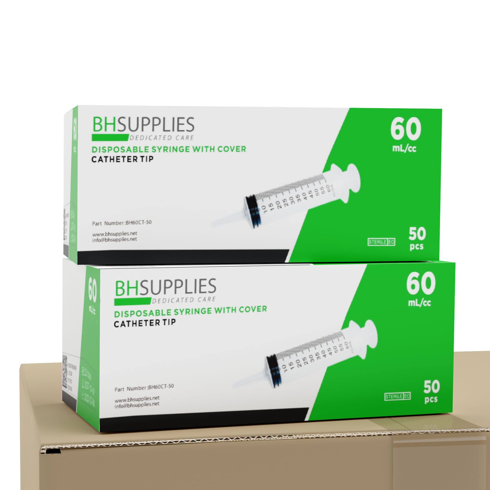 Bulk Case - BH Supplies 60mL Sterile Catheter Tip Syringes with covers, no needles - Individually Wrapped (300 Syringes, 6 Boxes, 50 Units Each)