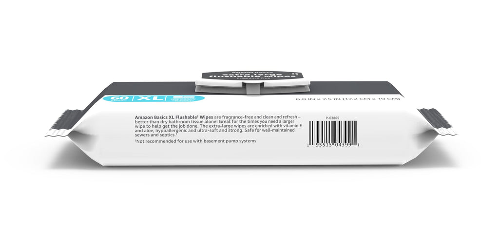 Amazon Basics Extra Large Flushable Wipes, Fragrance Free, pH Balanced, with Vitamin E & Aloe, Hypoallergenic, 360 Wipes, 6 Packs of 60, Resealable Closure