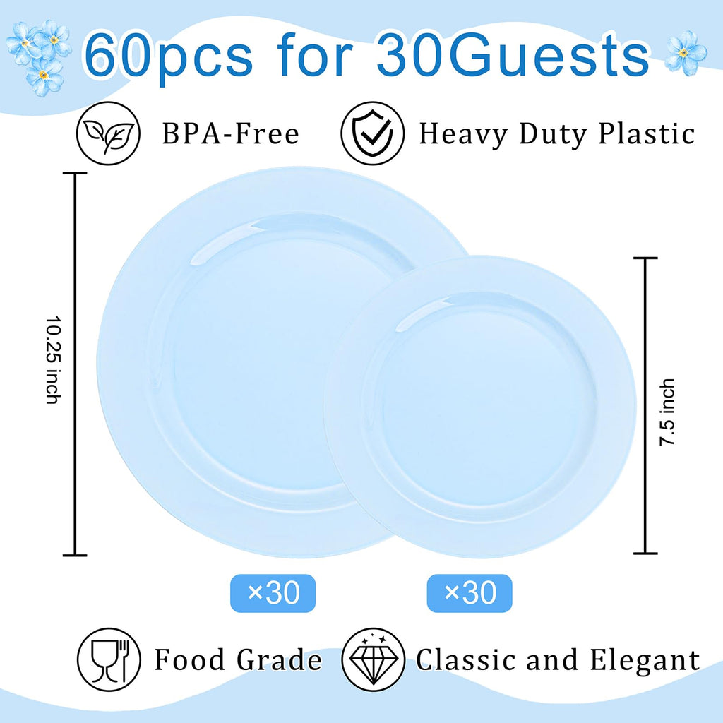 FLOWERCAT 60PCS Light Blue Heavy Duty Plastic Disposable Party Plates Set – 30pcs 10.25″ Dinner & 30pcs 7.5″ Dessert Plates – Durable Blue Tableware for Easter Parties, Wedding, BBQ & Baby Shower