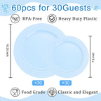 FLOWERCAT 60PCS Light Blue Heavy Duty Plastic Disposable Party Plates Set – 30pcs 10.25″ Dinner & 30pcs 7.5″ Dessert Plates – Durable Blue Tableware for Easter Parties, Wedding, BBQ & Baby Shower