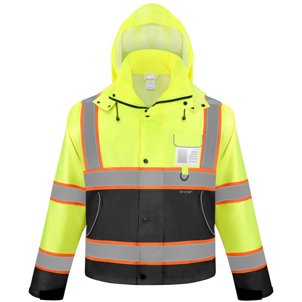 TICONN Reflective Rain Jacket Safety Jacket, Waterproof Hi Vis Rain Coat, Class III High Visibility Coat (Yellow&Black, L)