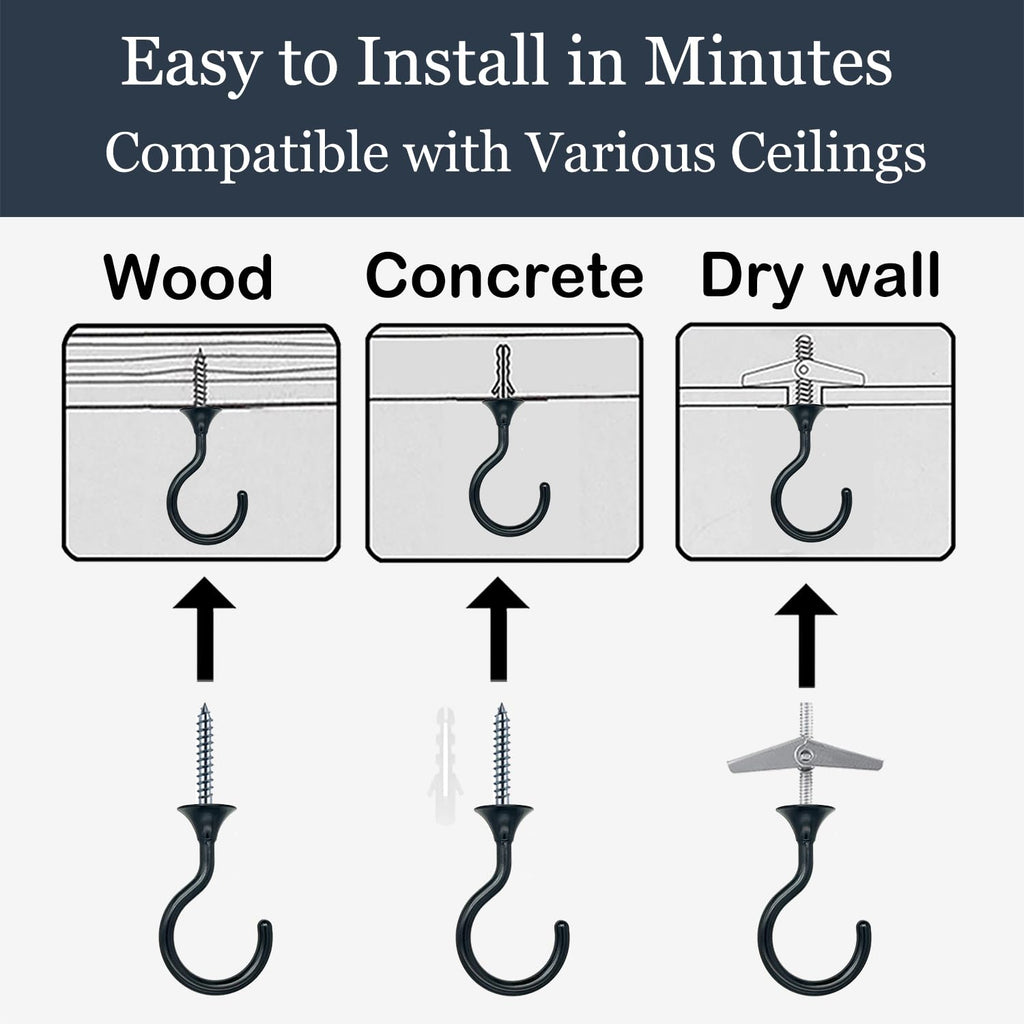 Evsteluo Heavy Duty Ceiling Hooks for Hanging Plants 4 Pack (Black)