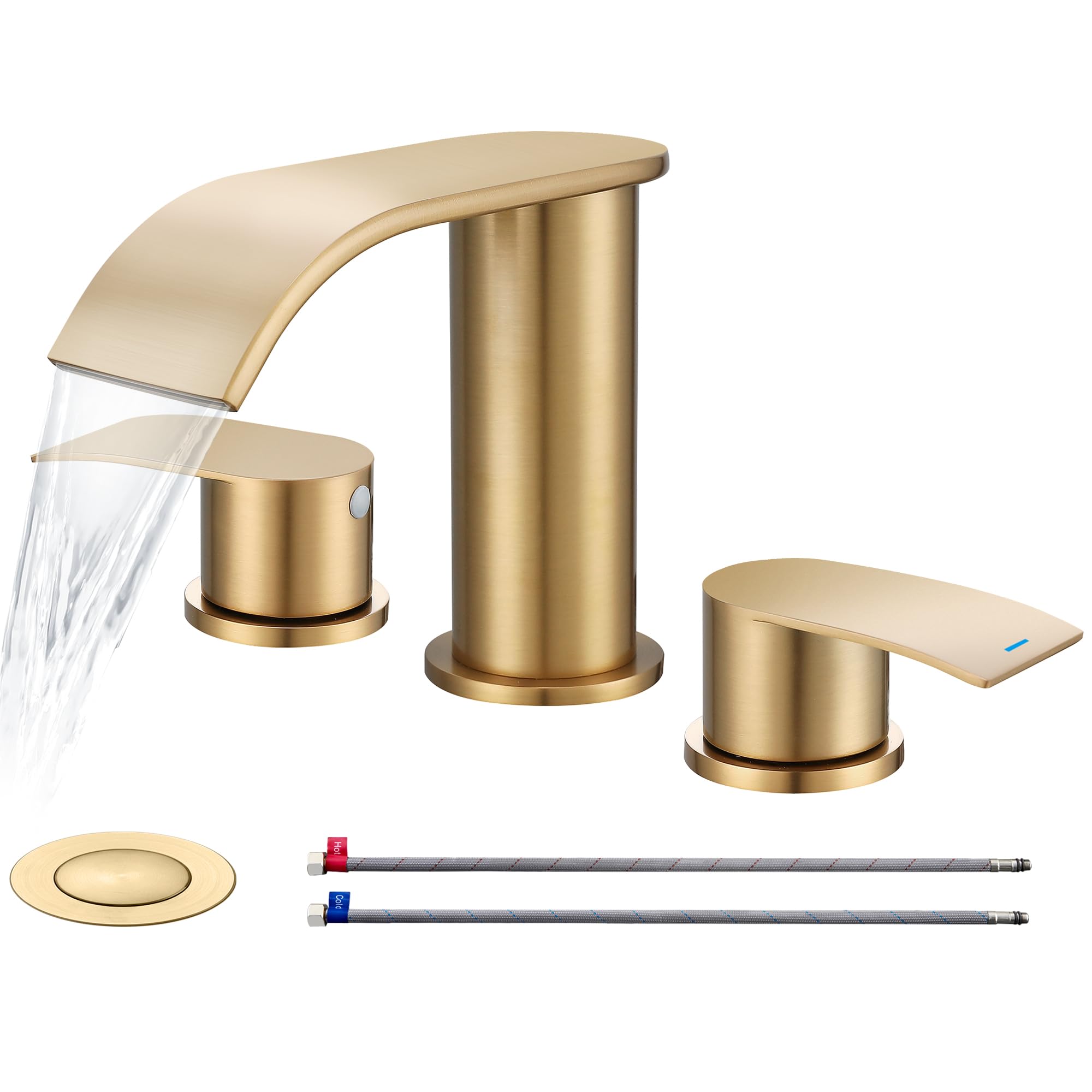 Ultimate Unicorn 8 inch Bathroom Faucet Champagne Bronze, Waterfall Bathroom Sink Faucet with Metal Pop-up Sink Drain Stopper and 2 Supply Hoses, DJS-MP-3JT-CG-PB-C