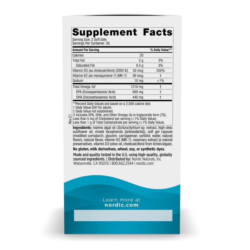 Nordic Naturals Ultimate Omega Plant Based Vitamin with Vitamin D3+K2-60 Vegetarian Soft Gels - 1210 mg Omega-3s Plus 2000 IU D3 and 90 mcg K2 - Promotes Brain Health - Non GMO - 30 Servings