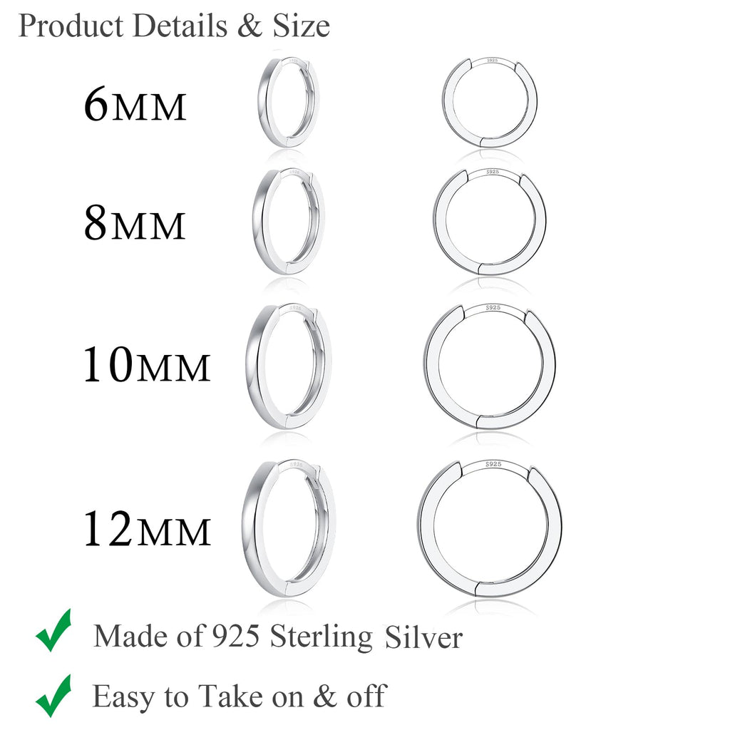 4 Pairs 925 Sterling Silver Small Huggie Hoop Earrings for Women Men