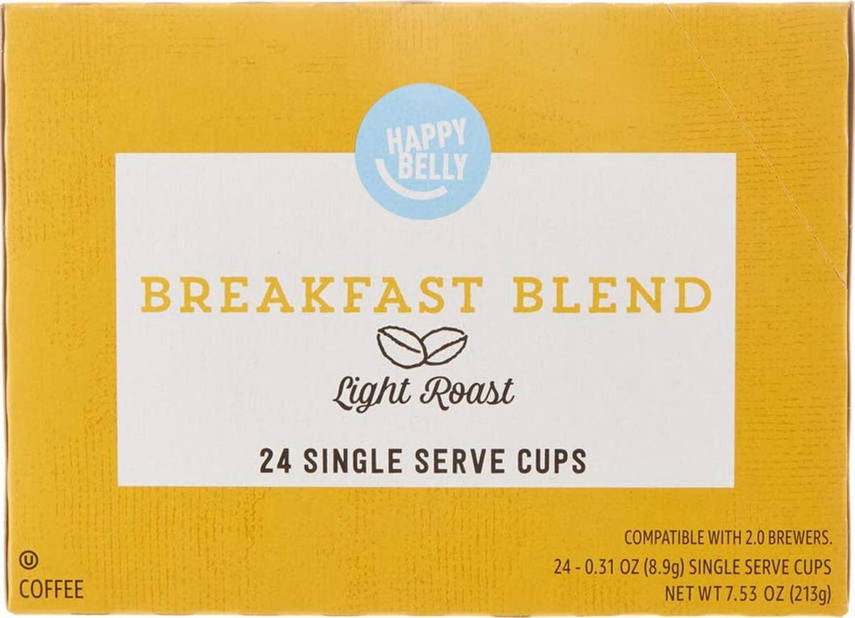 Amazon Brand - Happy Belly Decaf Light Roast Coffee Pods, Breakfast Blend, Compatible with Keurig 2.0 K-Cup Brewers, 100 Count