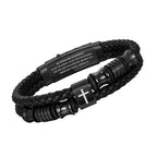 Christian Black Leather Bracelet for Men, Braided Leather Cross Adjustable