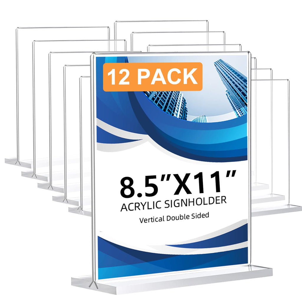 12 Pack Acrylic Sign Holder 8.5 x 11, Double-Sided Clear Sign Holder Plastic Stands for Display, T Shape Acrylic Table Sign Stands for Office Store Restaurants Wedding Party Decoration