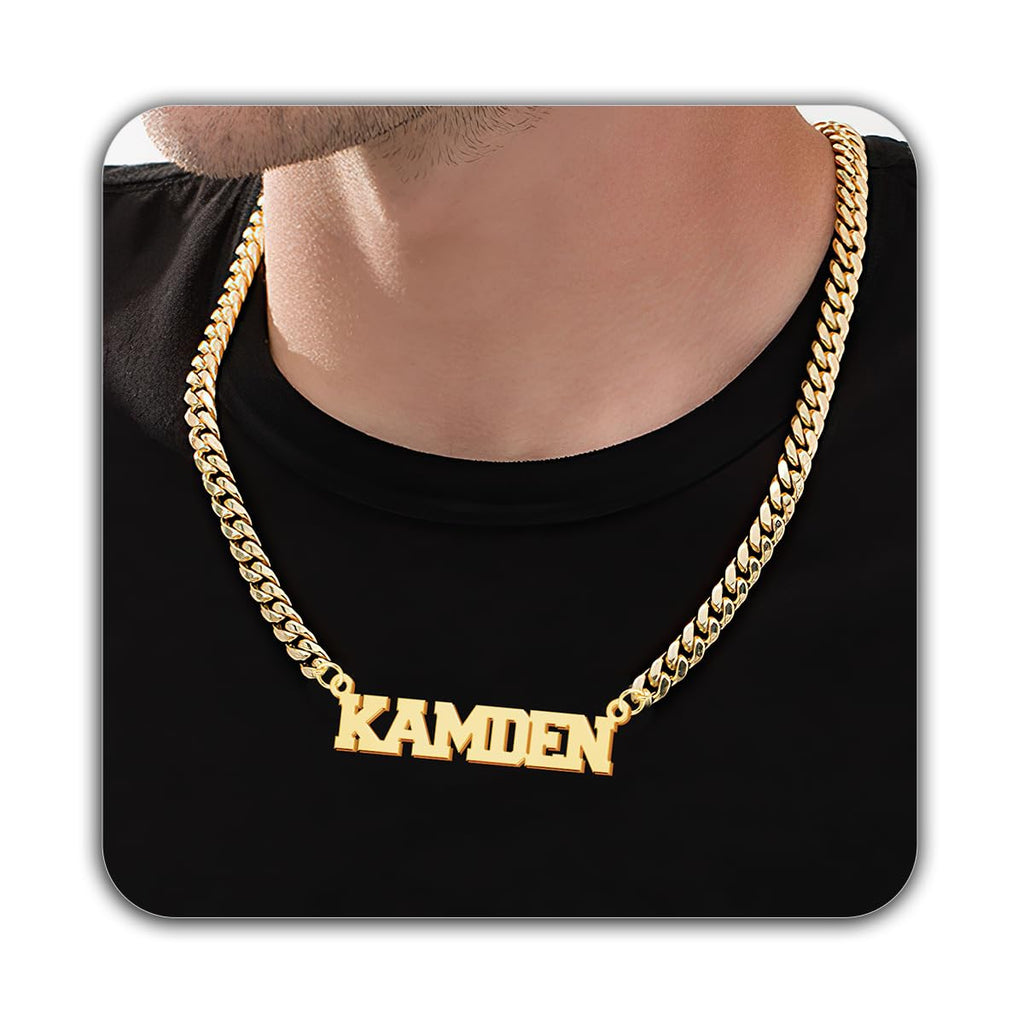 Elemtansy Custom Name Necklace for Men, 18K Gold-Plated Name Necklaces with Curb/Figaro Chain, Personalized Birthday Gifts for Men