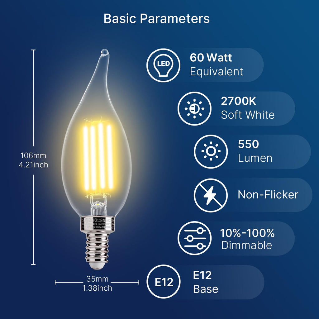 FLSNT Candelabra LED Light Bulbs, CA11 LED E12 Chandelier Light Bulbs 60W Equivalent, 2700K Soft White, 550LM, 5.5W, 90+ High CRI, AC 120V, 12 Pack, Dimmable UL,CA65 Listed.