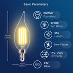 FLSNT Candelabra LED Light Bulbs, CA11 LED E12 Chandelier Light Bulbs 60W Equivalent, 2700K Soft White, 550LM, 5.5W, 90+ High CRI, AC 120V, 12 Pack, Dimmable UL,CA65 Listed.