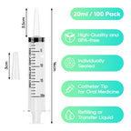 JOLLY PARTY 100 Pack 20mL Syringes, Plastic Syringes with Catheter Tip and Cap, Individually Sealed Feeding Syringe For Dogs, Measuring Syringe For Liquid, Scientific Labs, Refilling, Dispensing
