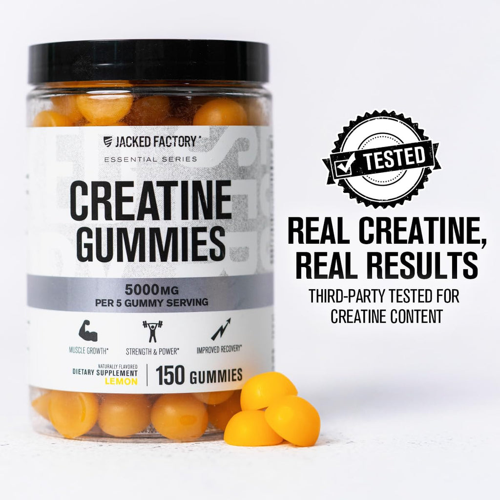 Jacked Factory Creatine Gummies 5g Daily Dose (1g per Gummy) - Creatine Gummy for Men and Women, Vegan-Friendly, Travel-Friendly, Third-Party Tested - 150 Gummies, Lemon