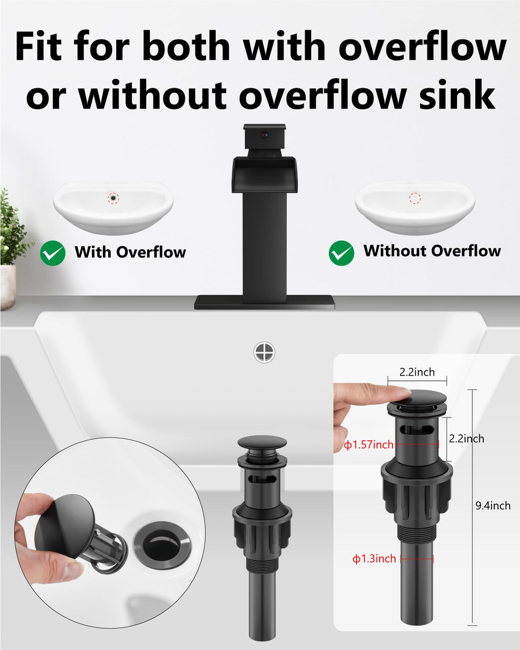 GBBNE Waterfall Bathroom Faucet 1 Hole, Single Hole Bathroom Faucet, Single Handle Vanity Sink Faucet with Deck Plate, Pop-up Drain & Supply Lines, Matte Black