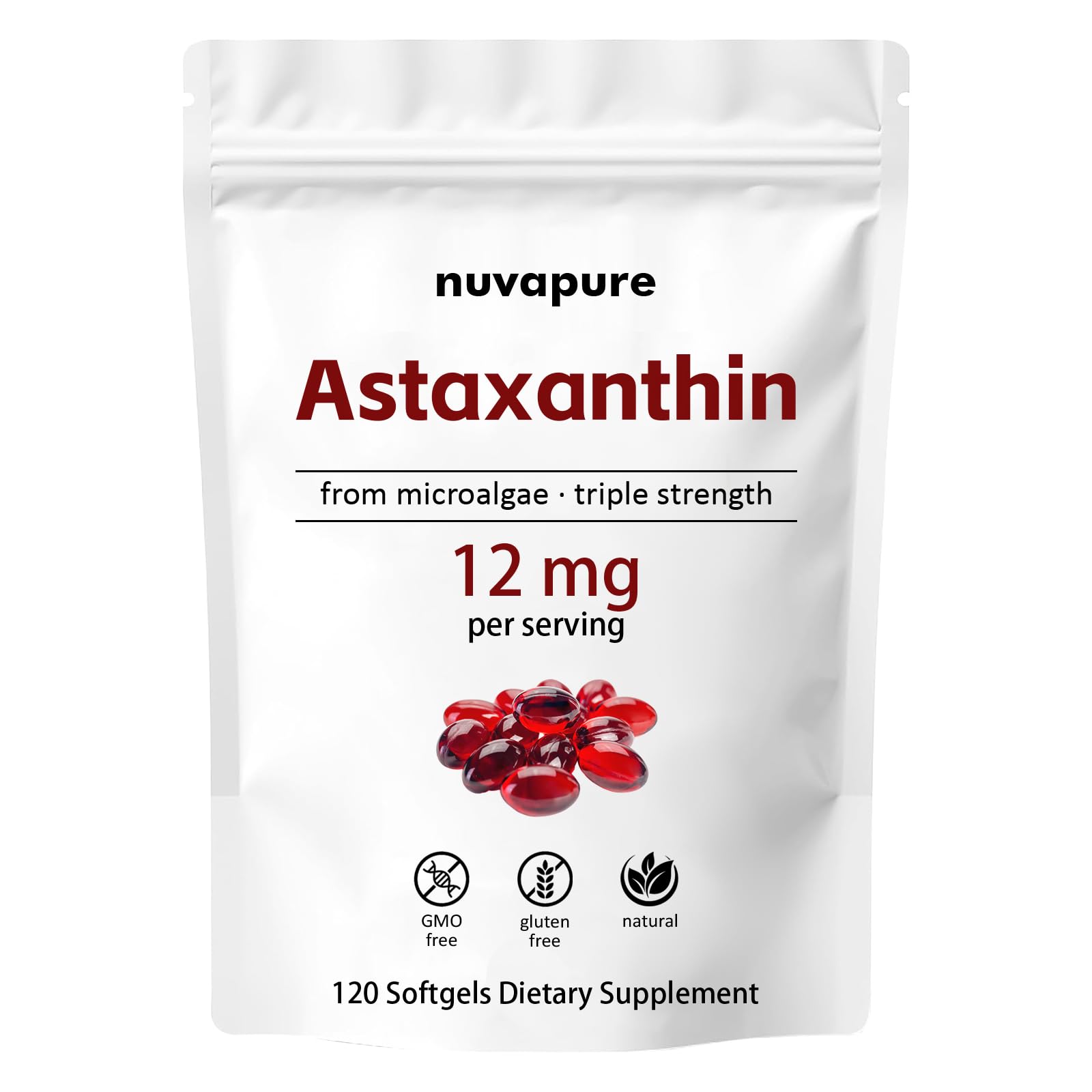 SHAPEGUARD NuvaPure Astaxanthin 12mg Softgels – Triple Strength Astaxanthin from Microalgae, Non-GMO, Gluten Free, Antioxidant Dietary Supplement, 120 Softgels
