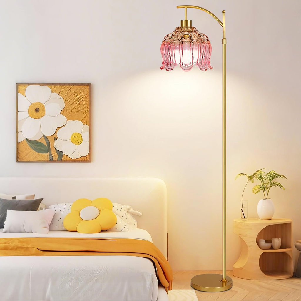 ILLMTW Pink Floor Lamp for Living Room,Bedroom,Glass Mid Century Modern Standing Lamp with Remote,Dimmable Gold Brass Tall Lamp Tulip Flower Arc Floor Light Boho Bohemian