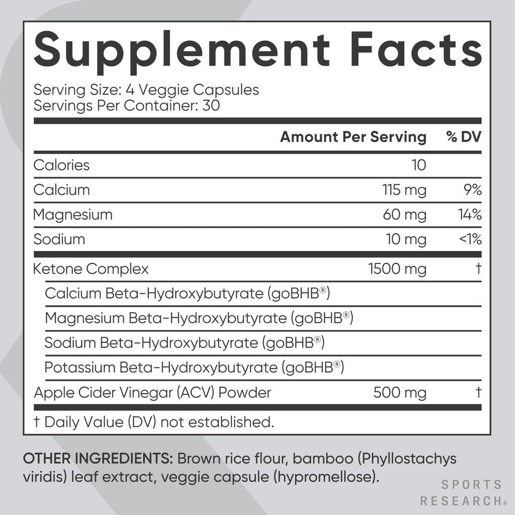 Sports Research® Keto Plus ACV Capsules - Diet Support with 500mg of Apple Cider Vinegar & 1500mg goBHB® Exogenous Ketones - Gluten Free & Keto Certified - 120 Veggie Capsules