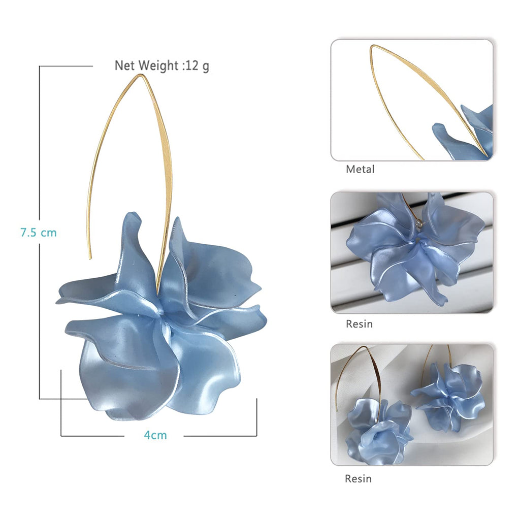 Boho Rose Petal Dangle Resin Earrings - Long Drop Acrylic Tiered Flower Earrings - Statement Exaggerated Floral Tassel Earrings for Women (Pearl Blue)