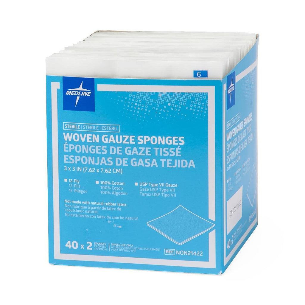 Medline Sterile 100% Cotton Woven Gauze Sponges, 3" x 3", 12-Ply, Ideal for Wound Dressing and General Cleaning, 2/Packs, Pack of 40