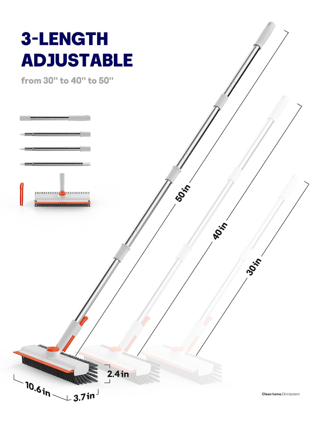 HelpX Floor Scrub Brush with Long Handle, 3 in 1 Scrape and Heavy-Duty Stiff Bristle Floor Scrubber Brush with Squeegee and Tweezer for Cleaning Tile Wall Deck (Orange and White)