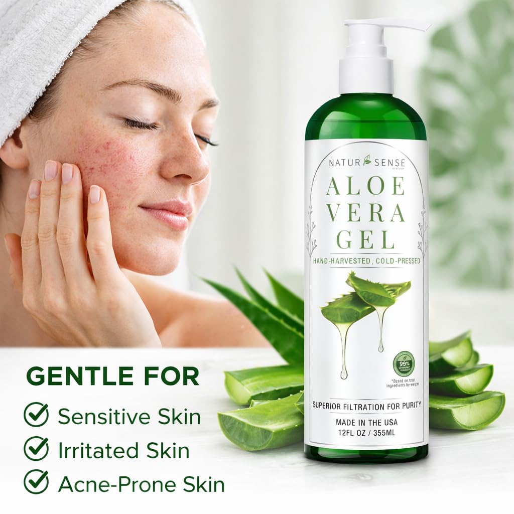 NTRSNS NaturSense 99% Organic Aloe Vera Gel. Deep Hydration, Effective Moisturizing. For Hair, Scalp, Face, Dry Winter Skin, Acne, Sunburn, Sensitive Skin, Shaving. Unscented, 12 oz.