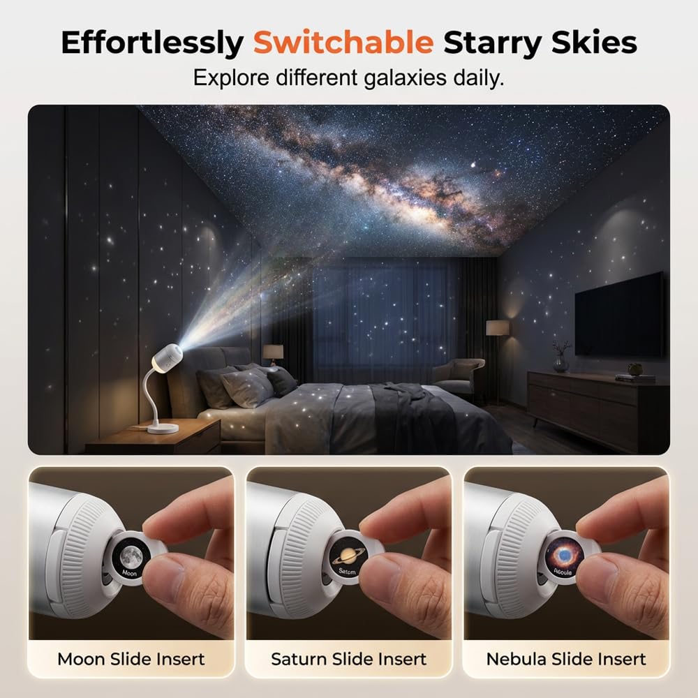 asfanst 2-in-1 Galaxy Projector Night Light, USB Starry Sky Night Light Projector with Adjustable Brightness, Mini LED Projection Lamp for Bedroom Ceiling Wall Room Decor (B-5 Projection Films)