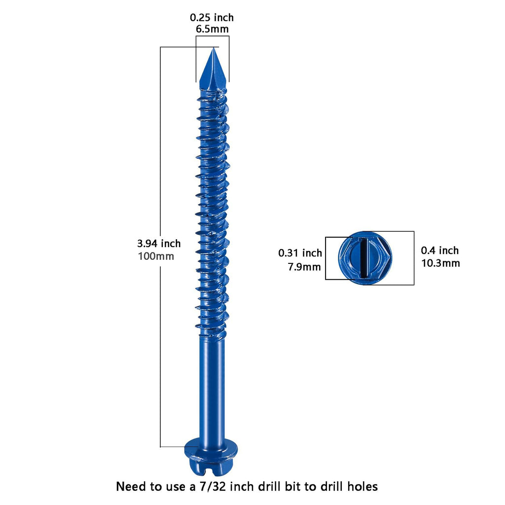 Wensilon(30 PCS) 1/4" * 4" Slotted Hex Concrete Screws Anchor Blue Hexagon Head for Anchoring to Masonry, Block or Brick Stucco