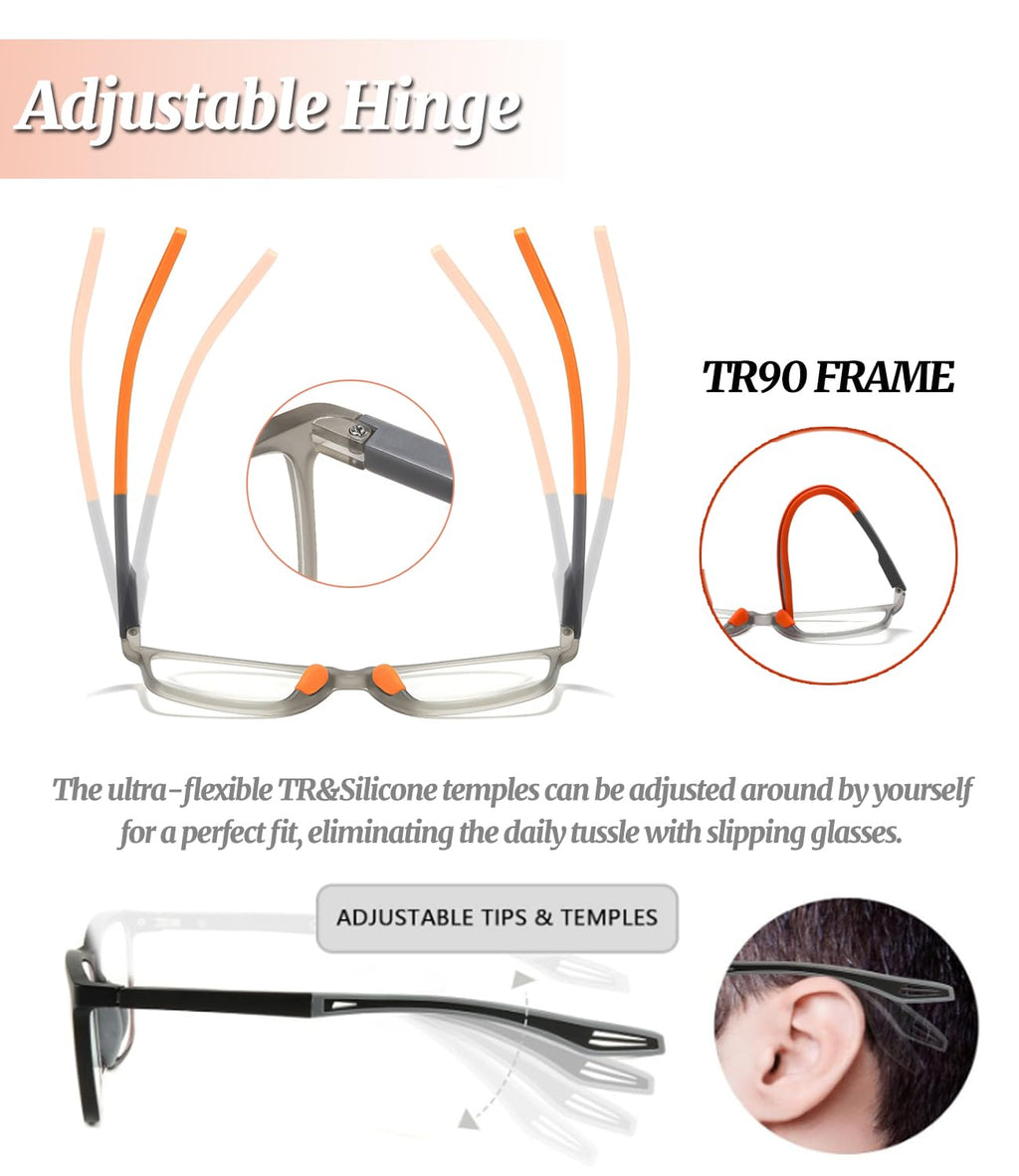 Hubeye Photochromic Progressive Reading Glasses for Men and Women Ultralight Flexible Anti-Blue Light Readers（Clear+Black+Orange，+1.5）