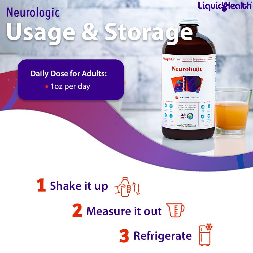 LIQUIDHEALTH Neurologic Focus Supplement - Brain Booster Nootropic Supplement for Cognitive Function, Memory & Focus with Ginkgo Biloba, Choline, L-Theanine & Phosphatidylserine - USA Made (2 Pack)