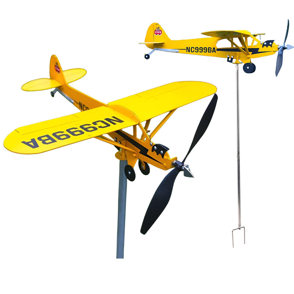 SDFRT Magic Metal Kinetic Sculpture Airplane Weathervane,Metal Wind Spinners for Yard and Garden, 3D Kinetic Wind Spinner Wind Catchers Sculpture, Airplane Weathervane (Piper J3 Cub,32 ×32 x80cm)