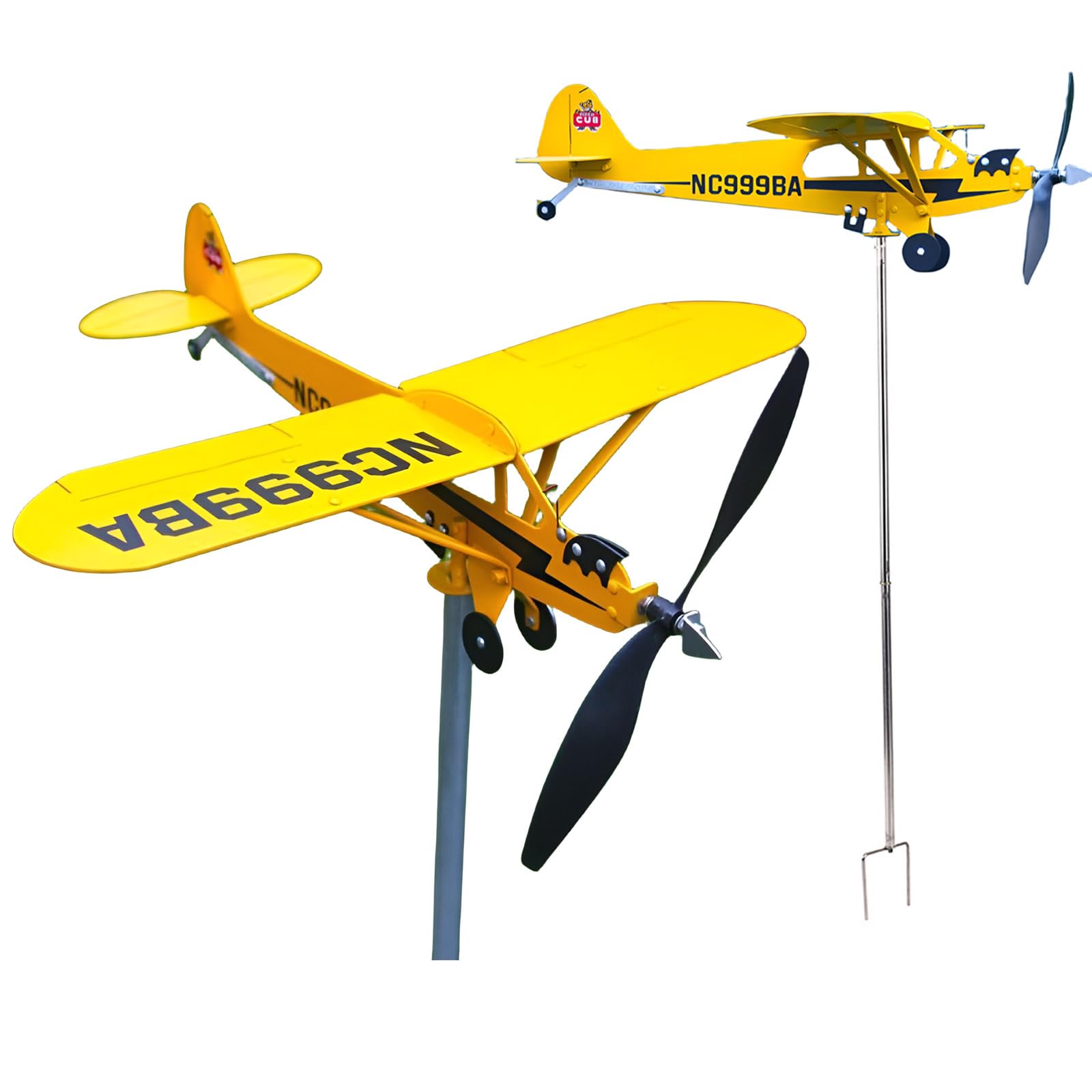 SDFRT Magic Metal Kinetic Sculpture Airplane Weathervane,Metal Wind Spinners for Yard and Garden, 3D Kinetic Wind Spinner Wind Catchers Sculpture, Airplane Weathervane (Piper J3 Cub,32 ×32 x80cm)